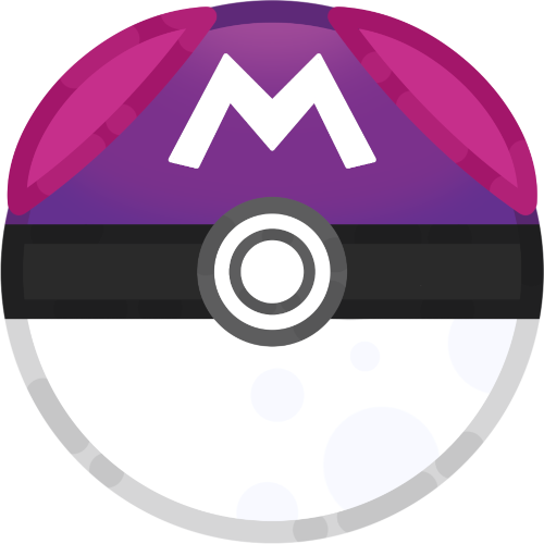 a master ball from pokémon. it has a purple top half with two pink spots on either side, and a large letter M in the middle. the bottom is white, and separated from the top by a black band